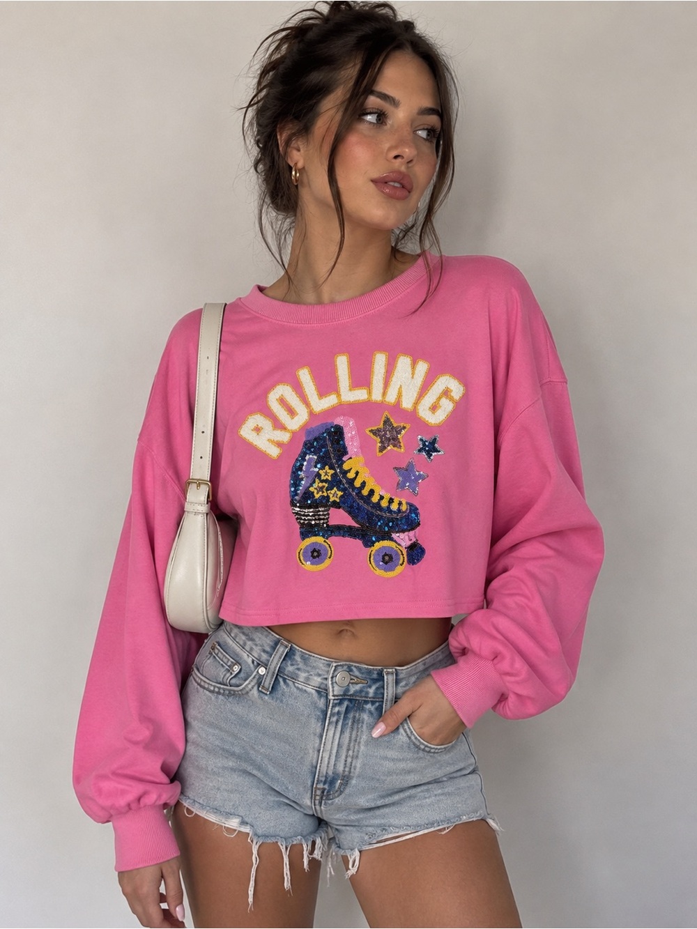 Peach Love California Pink Sequin Roller Skate Cropped Sweatshirt S